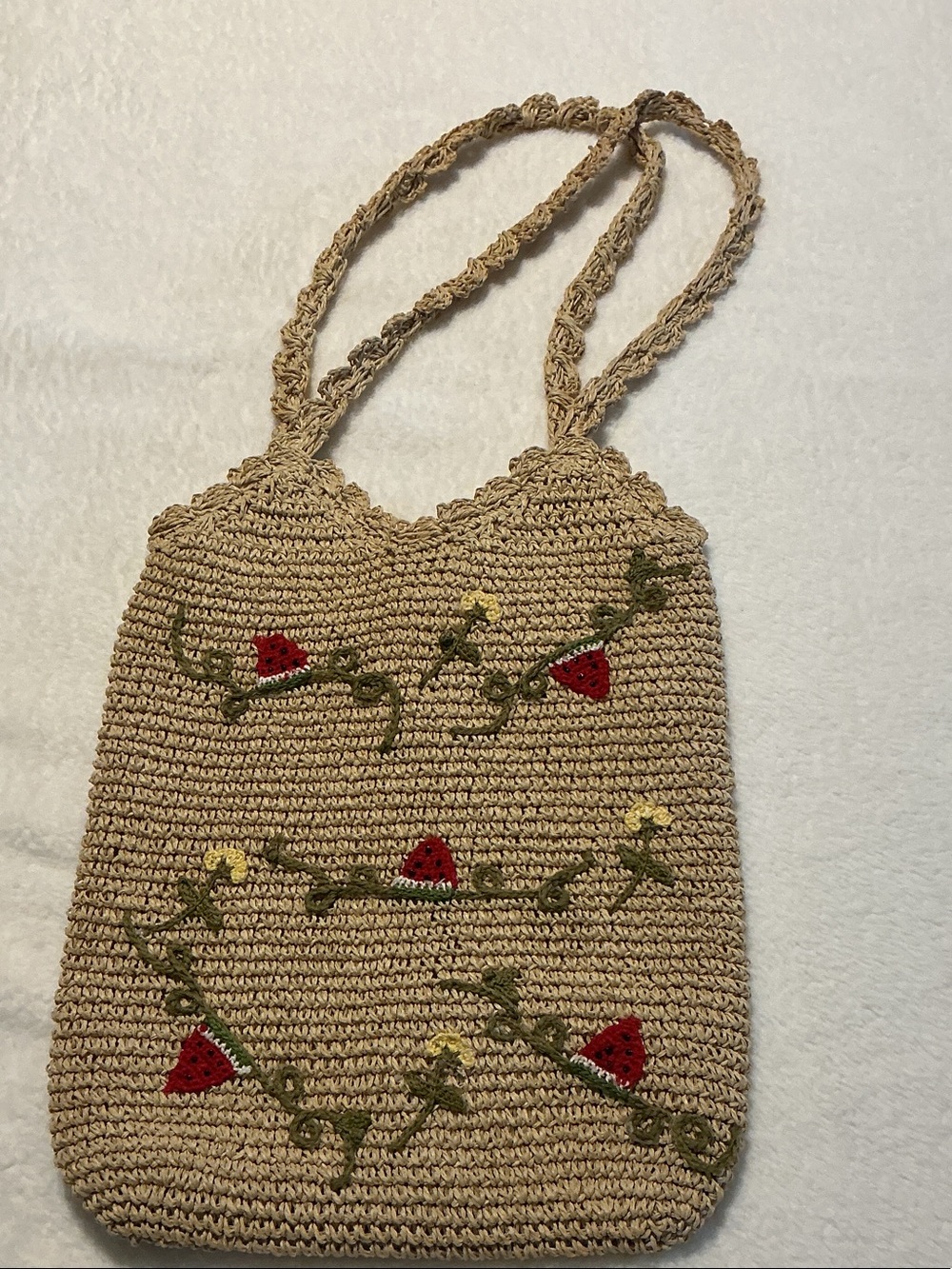 Cappelli Straworld Beige Crocheted Tote with Red Floral Accents